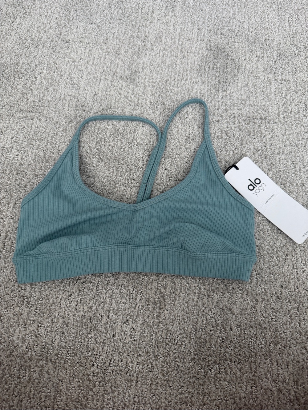 ALO Yoga Ribbed Strappy Bralette in Teal Blue-Green